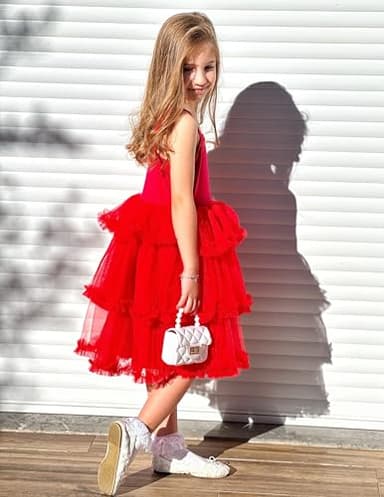 Arshiner Toddler Girls Tulle Dress Red Tutu Dresses for Girl Birthday Party Princess Outfit Layered Ruffle Fluffy Sleeveless Ball Gown Summer Clothes 4-5T - Image 2