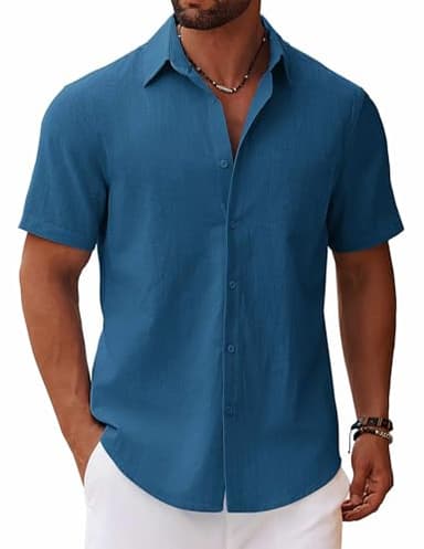 COOFANDY Shirt for Men Short Sleeve Button Down Shirt Linen Shirt with Pocket Sea Blue - Image 1