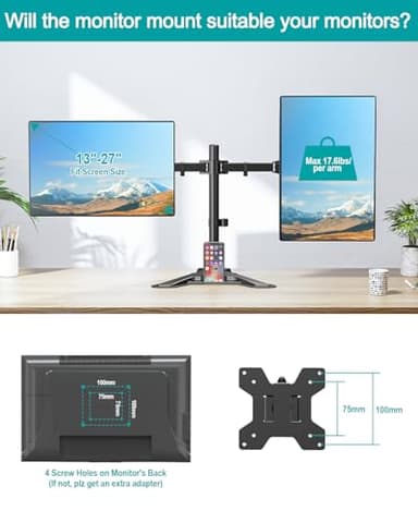 MOUNT PRO Dual Monitor Stand, Free-Standing Full Motion Monitor Desk Mount Fits 2 Screens up to 27 inches,17.6lbs with Height Adjustable, Swivel, Tilt, Rotation, VESA 75x75 100x100, Black - Image 4