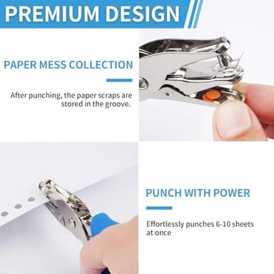 Single Hole Punch, 2 Pcs Hand Hole Puncher with Soft Grip Handle, 1/4" and 1/8" Small Hole Paper Punch for Crafts, Scrapbooks, 6 Sheets Capacity, Tags, Tickets - Blue - Image 6