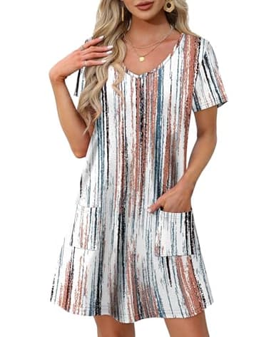 OFEEFAN Womens Dresses 2025 Loose V Neck Short Sleeve T Shirt Casual Summer Dress Beach Vacation Clothes Sundresses with Pockets Fashion Floral 10 M - Image 2