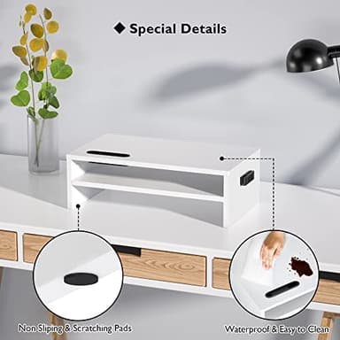 BONTEC Wooden Monitor Stand Riser, 2-Tier Desk Shelf with Storage Organizer, Ergonomic Computer Stand with Cable Management, Cellphone Holder, White, 16.5 Inch - Image 4