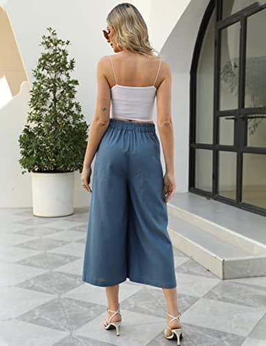 Gihuo Women' s Casual Cotton Linen Palazzo Pants Elastic Waist Wide Leg Culottes(DarkBlue-L) - Image 7