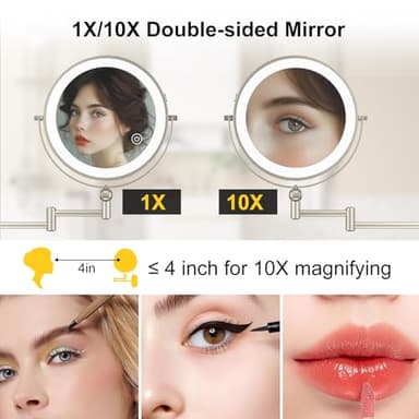 9" Wall Mounted Lighted Makeup Mirror,4000mAh Rechargeable Double Sided 1X/10X Magnifying Mirror with Light,3 Color Lights,Touch Dimmable,Extended Arm 360 Rotation Wall Mounted Makeup Mirror - Image 4
