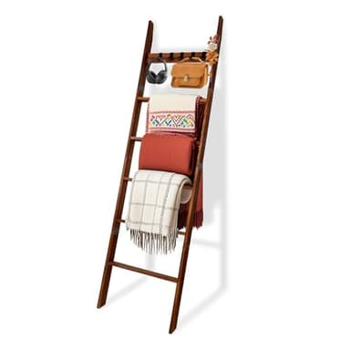 Wooden Blanket Ladder with Removable Hooks, 6-Tier 5.66 Ft (68 Inch) Rustic Blanket Rack, Blanket Ladders for Living Room & Bedroom, Easy Assembly, Perfect for Displaying Blankets & Scarves, Brown - Image 1