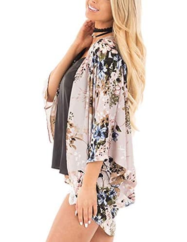 Chunoy Women Floral Kimono Cover Up Short Sleeve Shawl Chiffon Casual Lightweight Cardigan Grey Small - Image 2