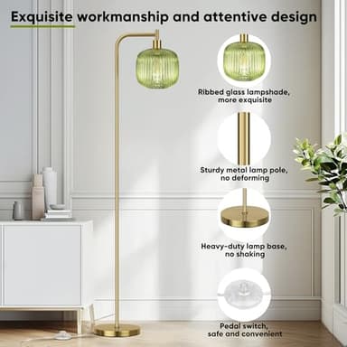 QiMH Glass Floor Lamp for Living Room, Modern Standing Lamp with Ribbed Glass Lampshade Pedal Switch, 67” Tall Lamp for Bedroom Study Room, Brushed Gold (2700K LED Bulb Included) - Image 7
