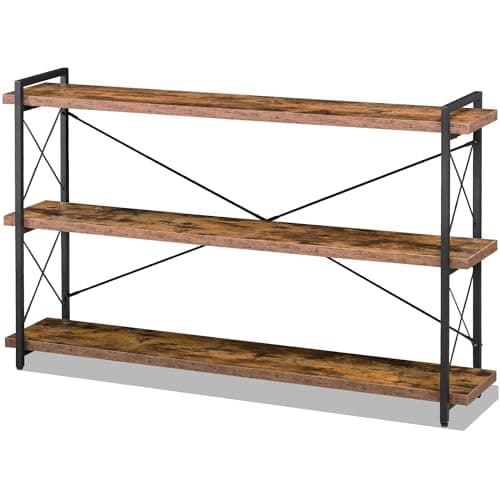 HCHQHS Bookshelf, 3-Tier Long Industrial Bookcase, Rustic Open Book Shelf, Freestanding Horizontal Bookshelves with Metal Frame - Image 1