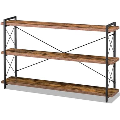 HCHQHS Bookshelf, 3-Tier Long Industrial Bookcase, Rustic Open Book Shelf, Freestanding Horizontal Bookshelves with Metal Frame - Image 1