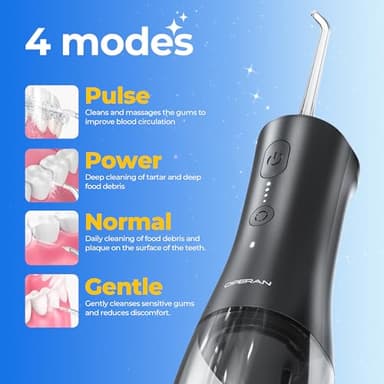 Operan Water Flosser for Teeth, 300ML Portable Dental Flosser with 4 Modes & 4 Nozzles, IPX7 Waterproof Rechargeable Oral Irrigator, Long Battery for Home, Braces Flossers, and Travel-Black+1Pack - Image 3