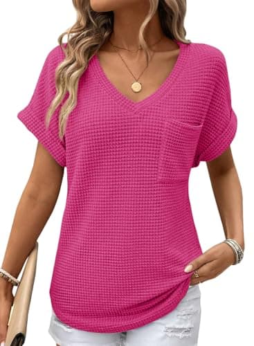 Dokotoo Spring Tops for Women Trendy V Neck Waffle Knit Tshirts Shirts for Women 2025 Fashion Summer Blouses Dressy Casual Cute Tops Womens Cruise Outfits Clothes Clothing - Image 1