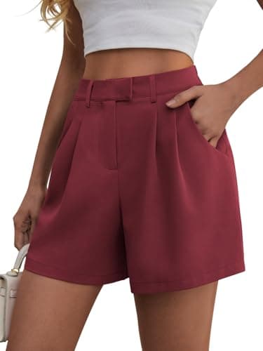 Feiersi Womens Casual Elastic Waist Wide Leg Suit Tailored Shorts Summer Dressy Work Shorts with Pockets(Wine Red,Small) - Image 2
