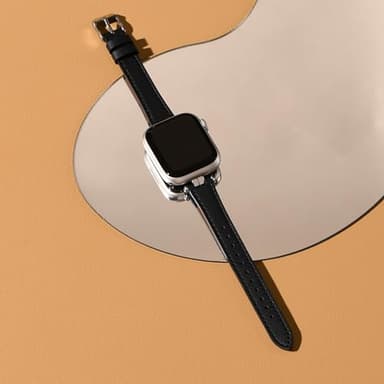 STIROLL Thin Leather Band Compatible with Apple Watch Bands 41mm 40mm 38mm 42mm(Series 11 10) Women, Stylish Top-Grain Leather Strap Slim Wristband for iWatch SE3/2/1 Series 9 8 7 6 5 4 3 2 1, Black/Silver - Image 3