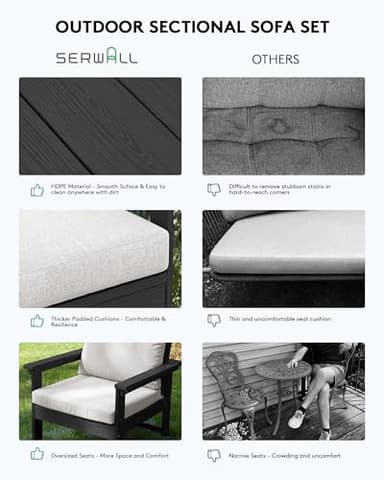 SERWALL HDPE Patio Furniture Set, 7-Piece Outdoor Sectional Sofa Set, All Weather Outdoor Couch Set for Deck, Lawn, Black Frame with Khaki Cushion - Image 6