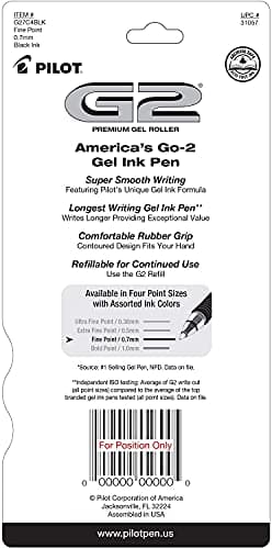 Pilot G2 Premium Gel Roller Pens 0.7, Fine Point Smooth Writing Pens Black, Pack of 4 - Image 3