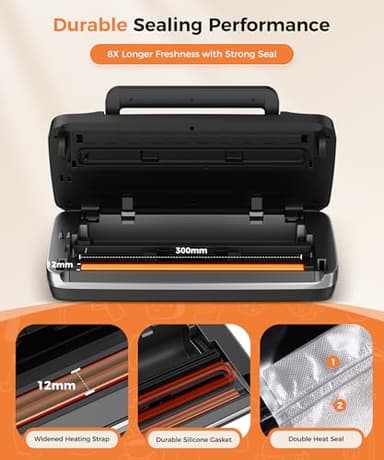 95kpa Vacuum Sealer Machine,Commercial Full Automatic Food Sealer,Powerful Sealing System with Double Heat Seal,Bags Storage, Easy-Lock Handle,Build-in Cutter,1 Bag Rolls & 10 pcs Pre-cut Bags(Silver） - Image 6