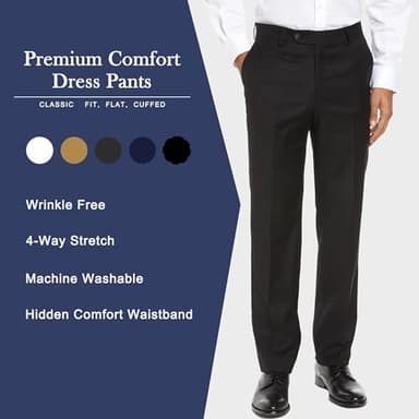Mens Classic Fit Flat Front Hidden Expandable Waist Dress Pants No Iron Suit Pants(Black,32W30L) - Image 6