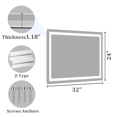 Koonmi 32x24 LED Bathroom Mirror, Backlit + Front Lit, LED Bathroom Mirror with Lights for Wall, 3 Colors, Anti-Fog, Dimmable Brightness, Memory Function, Tempered Glass - Image 9