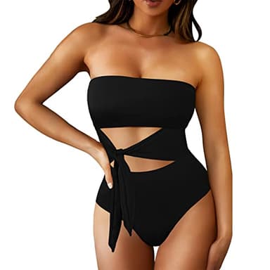 Viottiset Women's Bandeau One Piece Swimsuit Strapless Tie High Cut Out Bathing Suit Black X-Large - Image 2