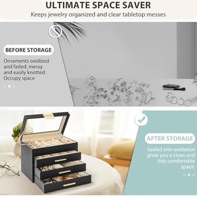 AKOZLIN 4-Tier Jewelry Box with Clear Glass Lid Functional Leather Jewelry Storage Organizer Case 3 Drawers for Women Girls Necklace Ring Bracelet Earring Black - Image 5