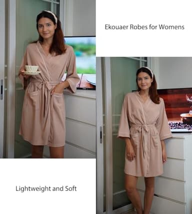 Ekouaer Women Robes Waffle Knee Length Bathrobe Lightweight Soft Sleepwear V neck 3/4 Sleeve Casual Ladies Loungewear Pink M - Image 2