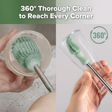 haakaa Silicone Cleaning Brush Kit - Baby Bottle Brush Cleaner for Breast Pump,Nipple,Breast Milk Storage Bag,Reusable Straw,Sippy Cup - Food Grade Silicone Bristles, Portable - 3 Pcs - Pea Green - Image 3