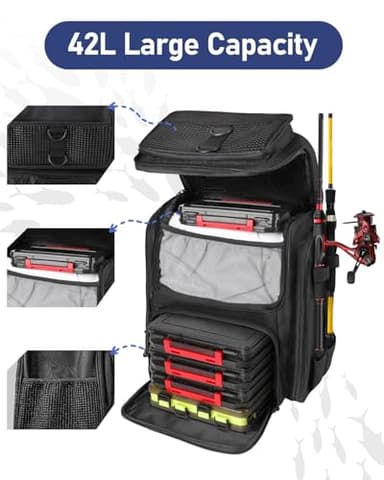 Vangue Fishing Backpack with Rod Holders Waterproof Rain Cover Large Tackle Box Store Fishing Accessories for Fishing Camping Hiking Gift for Men Father(Black) - Image 2