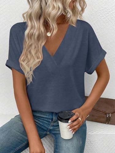 EyMuse Cute Basic Tops t-Shirts Short Sleeve V Neck Tees Womens Fashion Comfy Lightweight Soft Casual Summer Blouses,Navy,XXL - Image 4