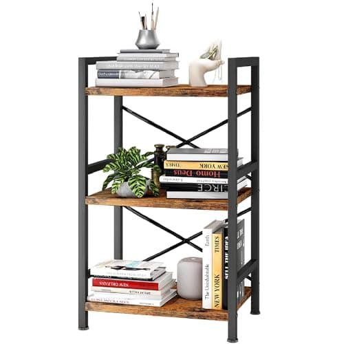 Homeiju Bookshelf, 3 Tier Industrial Bookcase, Metal Small Bookcase, Rustic Etagere Book Shelf Storage Organizer for Living Room, Bedroom, and Home Office(Rustic Brown) Patent Pending D29873033 - Image 1