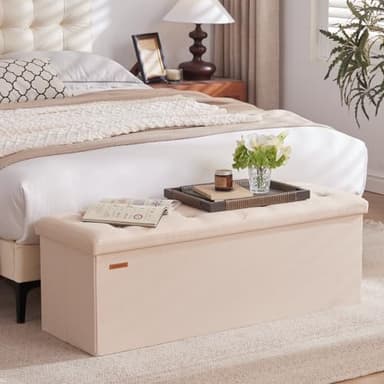 HAUSFRAU 43.5 Inches Ottoman with Storage Bench, Folding Ottoman Bench Foot Rest Stool, Bedroom Bench, Holds up to 660 lb, Linen Beige - Image 5