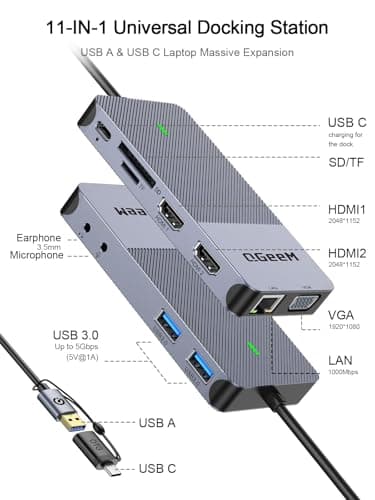QGeeM USB 3.0 Laptop Docking Station, Triple Display USB Hub Hdmi Splitter Extender Dual Monitor,USB Dock with 2 HDMI, VGA, USB 3.0, Card Reder Compatible for MacBook M1 M2 M3 M4 Dell HP Lenovo Mac OS - Image 2