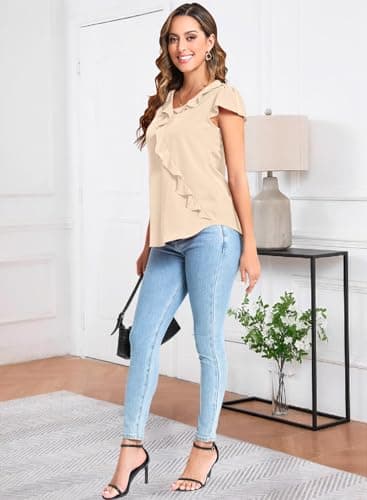 GUNEST Women Summer Tops Apricot Blouse Ruffle Crew Neck Short Sleeve Chiffon Dressy Solid Color Casual Loose Fit Work 2025 Spring Summer Trendy Shirts Outfits for Ladies Girls - Image 3
