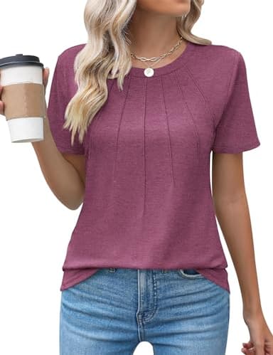Kistore Tops for Women Casual Spring Classic Fit Pleated Crew Neck Short Sleeve Cotton Tunic T-Shirts Mauve XL - Image 1