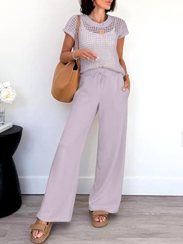 ANRABESS Women Two Piece Outfits Crochet Sheer Knit Sweater Top Wide Leg Pants Lounge Matching Sets Sweatsuit Travel Clothes Light Purple Small - Image 5