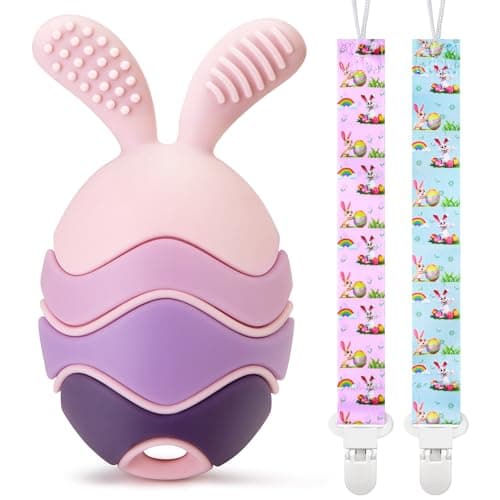 Easter Egg Bunny Baby Teether for Easter Basket Stuffers, Rabbit Egg Rattle Toy Teething for Easter Basket Essentials Infant Boys & Girls First Gifts with 2 Packs Easter Egg Pacifier Clip, 3 Months+ - Image 1