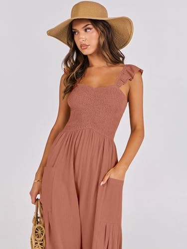 ANRABESS Women Summer Casual Dressy Sleeveless Smocked Wide Leg Linen Jumpsuits Rompers 2025 Trendy Travel Outfit Pocket Rust Medium - Image 6
