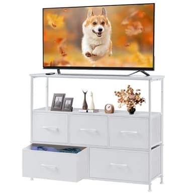 DUMOS TV Stand Dresser with 5 Fabric Storage Drawers, Media Console Featuring Open Shelf for 45 inch TV, Compact Entertainment Unit for Bedroom, Living Space, or Dorm Organization - Image 1