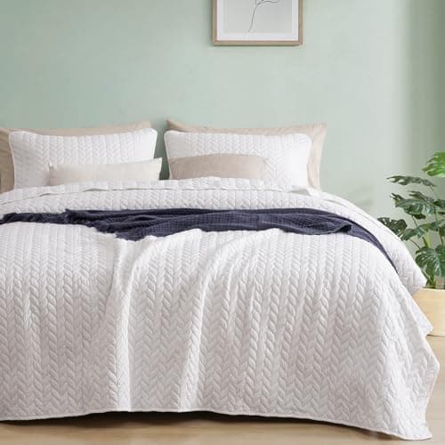 PHF Quilt Bedding Set Queen Size - Lightweight Summer Bedspread, 3PCS Soft Breathable Leaf Pattern Bedding Coverlet for All Season, Drop Nicely Quilt 90" x 96"with 2 Pillow Shams, Coconut White - Image 1
