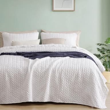PHF Quilt Bedding Set Queen Size - Lightweight Summer Bedspread, 3PCS Soft Breathable Leaf Pattern Bedding Coverlet for All Season, Drop Nicely Quilt 90" x 96"with 2 Pillow Shams, Coconut White - Image 1