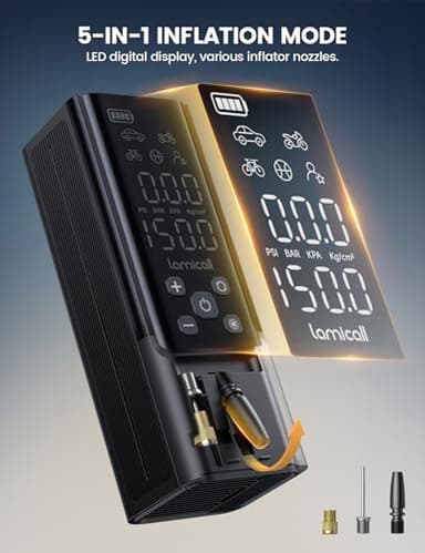 Tire Inflator Portable Air Compressor - Lamicall [150 PSI] [4X Faster] [Auto-Stop] Bike Car Cordless Air Pump with Rechargeable Battery, Car Pressure Gauge, LED Light, for Cars, Motorcycle, Bike, Ball - Image 5