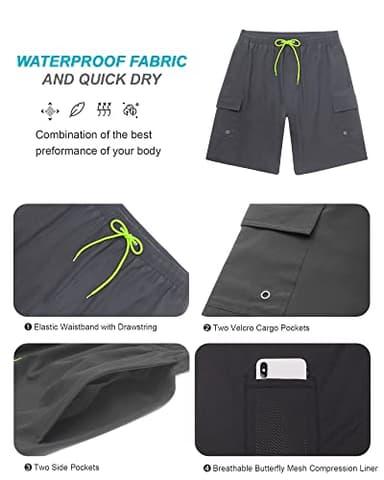 SILKWORLD Mens Swimming Trunks Quick Dry Beach Swimwear Shorts 9" Swimsuit with Compression Liner and Cargo Pockets (Dark Grey, X-Large) - Image 5
