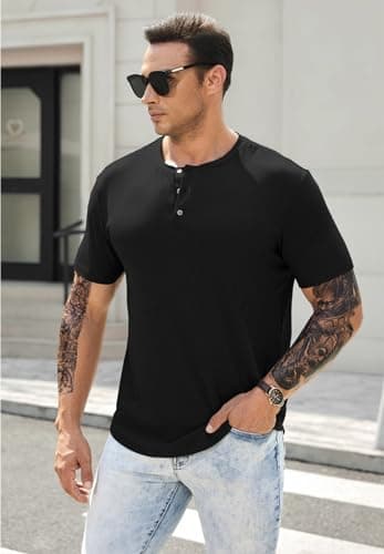 JMIERR Mens Muscle Slim Fit Button Henley Shirts Summer Crewneck Short Sleeve Longline Fitted T-Shirt Gym Workout Athletic Tees Shirt for Men, L, Black - Image 6