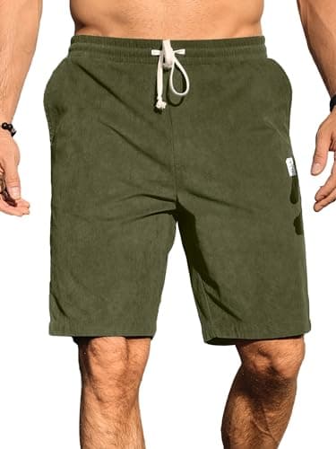 PLEPAN Mens Corduroy Shorts Casual 7 Inch Inseam Elastic Waist Drawstring Summer Beach Shorts Army Green X-Large - Image 6