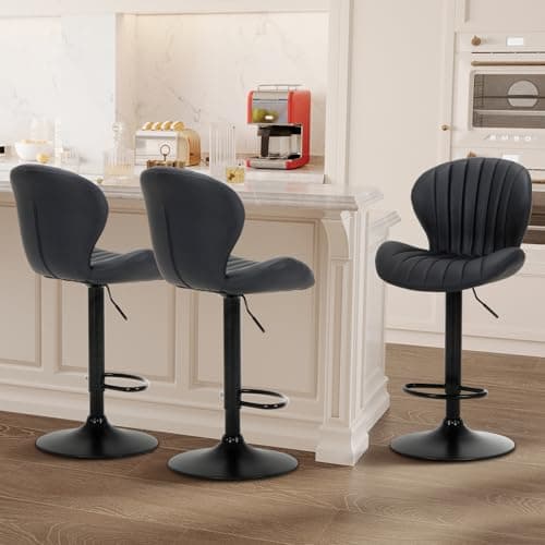 COLAMY Bar Stools Set of 3, Modern Swivel Bar Chairs, Adjustable Faux Leather Upholstered Barstools Counter Height with High Backrest for Bar, Kitchen Island, Dining Room, Black - Image 1