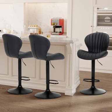 COLAMY Bar Stools Set of 3, Modern Swivel Bar Chairs, Adjustable Faux Leather Upholstered Barstools Counter Height with High Backrest for Bar, Kitchen Island, Dining Room, Black - Image 1