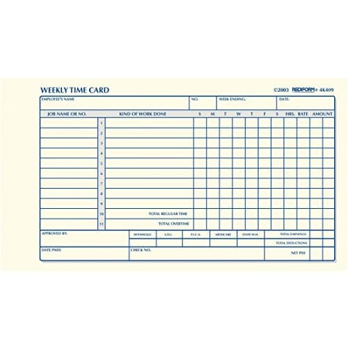 Rediform Employee Time Card, Weekly, Green Eye-Ease Paper, 4.25" x 7", 100 Cards Per Pad (4K409)