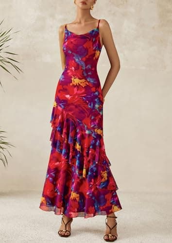 PRETTYGARDEN Maxi Dresses for Women 2025 Summer Tiered Floral Beach Sundress Spaghetti Strap Wedding Guest Long Dress (Navy Red Big Floral,Small) - Image 5