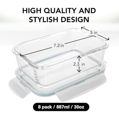 Razab 16 Pc (Set of 8) 30 Oz Glass Meal Prep Containers with Lids, Airtight Large Glass Food Storage Containers, Reusable Leak Proof BPA Free, Freezer to Oven and Dishwasher Safe - Image 2