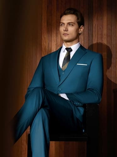WULFUL Men’s Slim Fit Suit One Button 3-Piece Blazer Dress Business Wedding Party Jacket Vest & Pant Teal Blue - Image 8