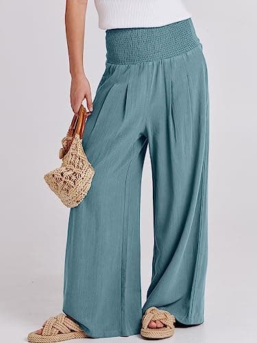 ANRABESS Women Linen Palazzo Pants Summer Boho Wide Leg High Waist Casual Lounge Pant 2025 Beach Travel Vacation Outfits Lake Medium - Image 2
